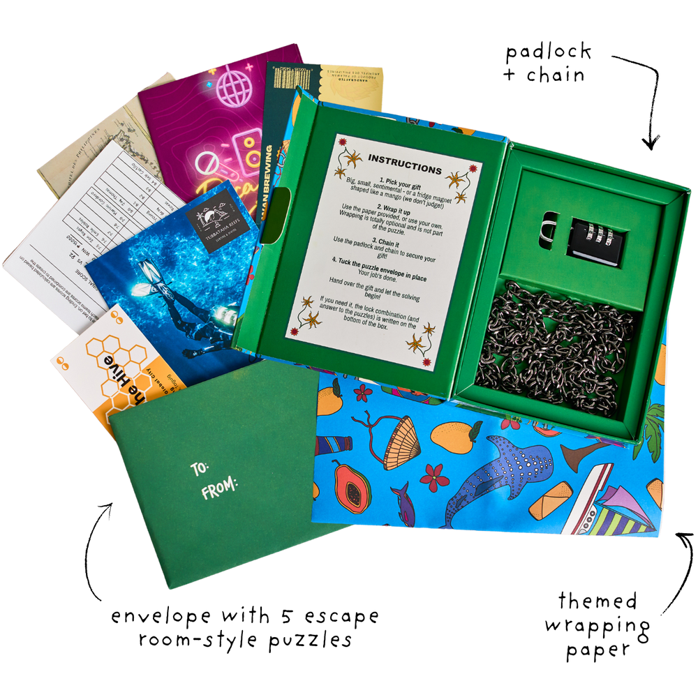 What's included: an envelope with five escape room-style puzzles, themed wrapping paper, and a padlock and chain